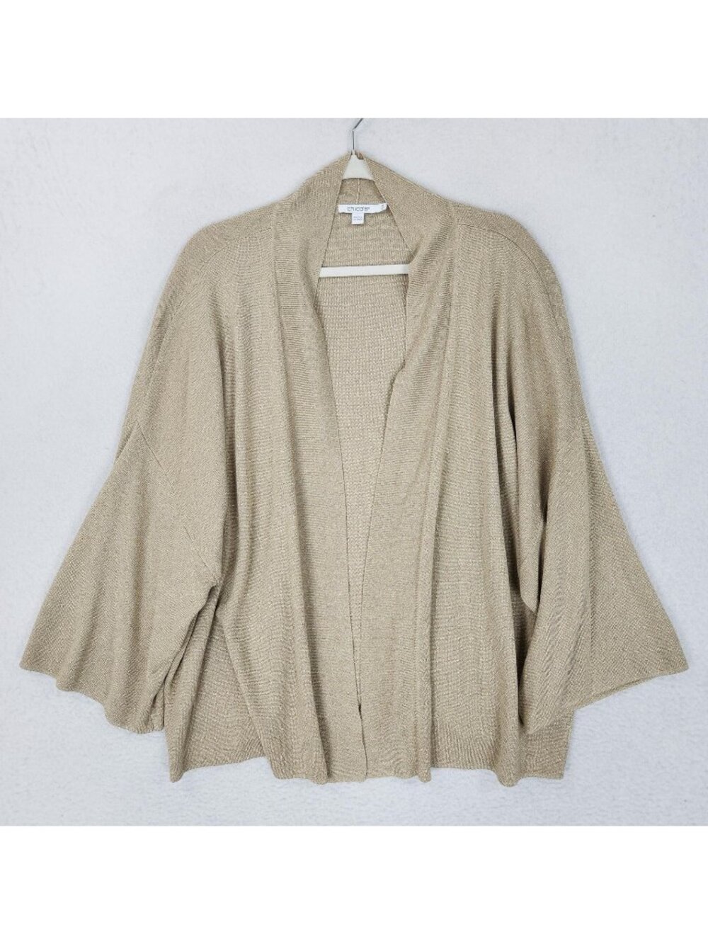 Chicos Sweater Womens 2 Large Gold Shimmer Open Front Kimono Sleeve Cardigan